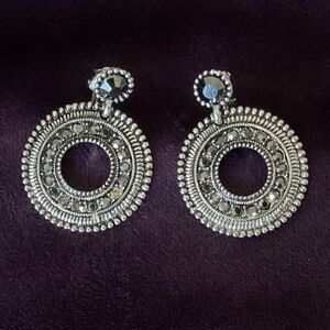 Antiqued Silver-tone and Hematite Crystal Hoop Clip On Dangling Earrings